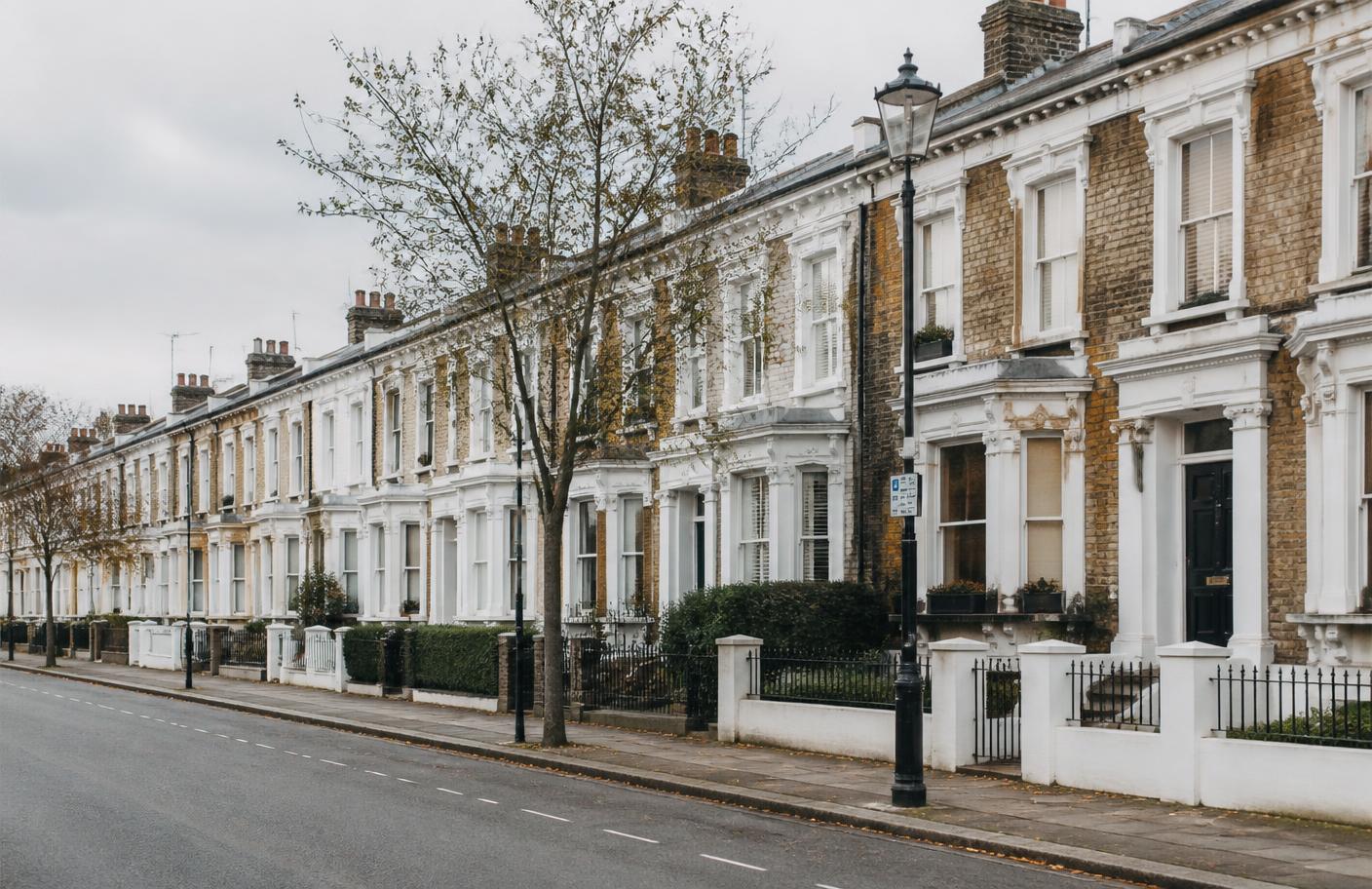 A row of traditional UK terraced houses on a quiet residential street
